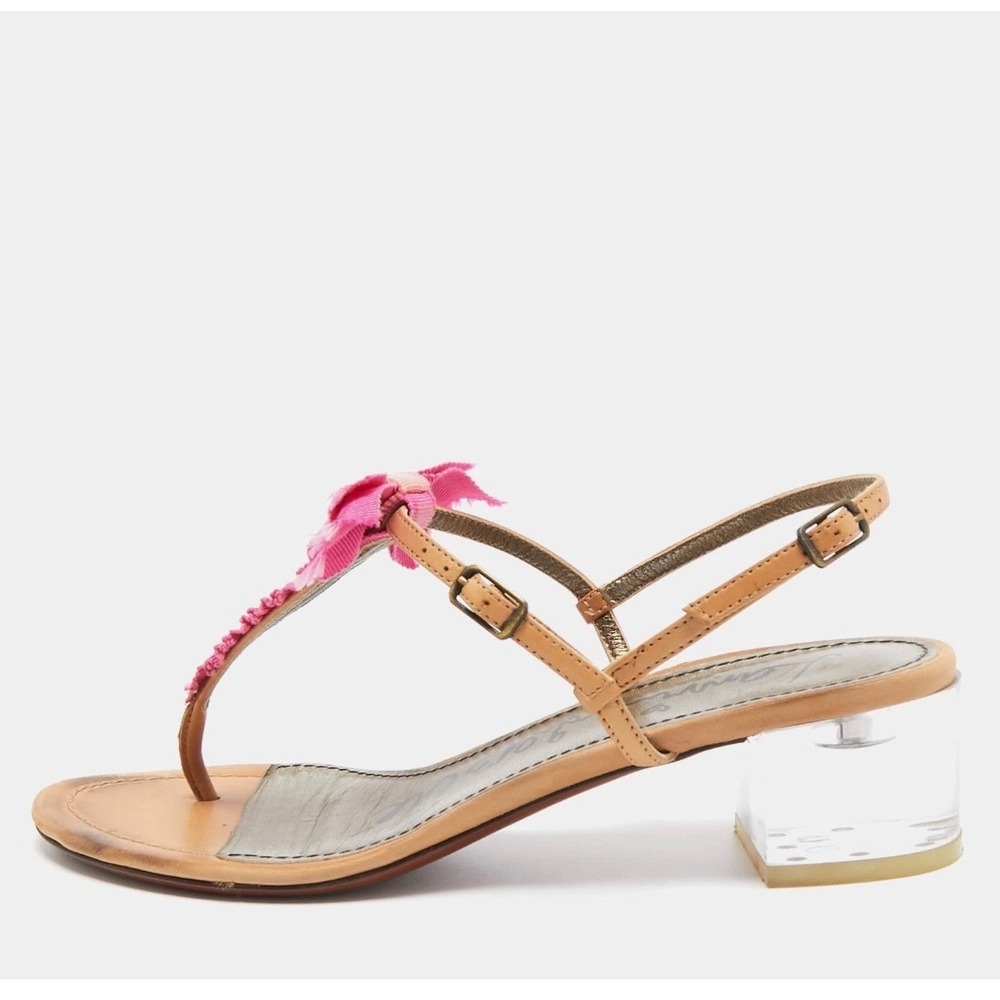 Lanvin Ete Pink Bow Lucite Block Heel Tan Leather Thong Sandals Size 36 Italy